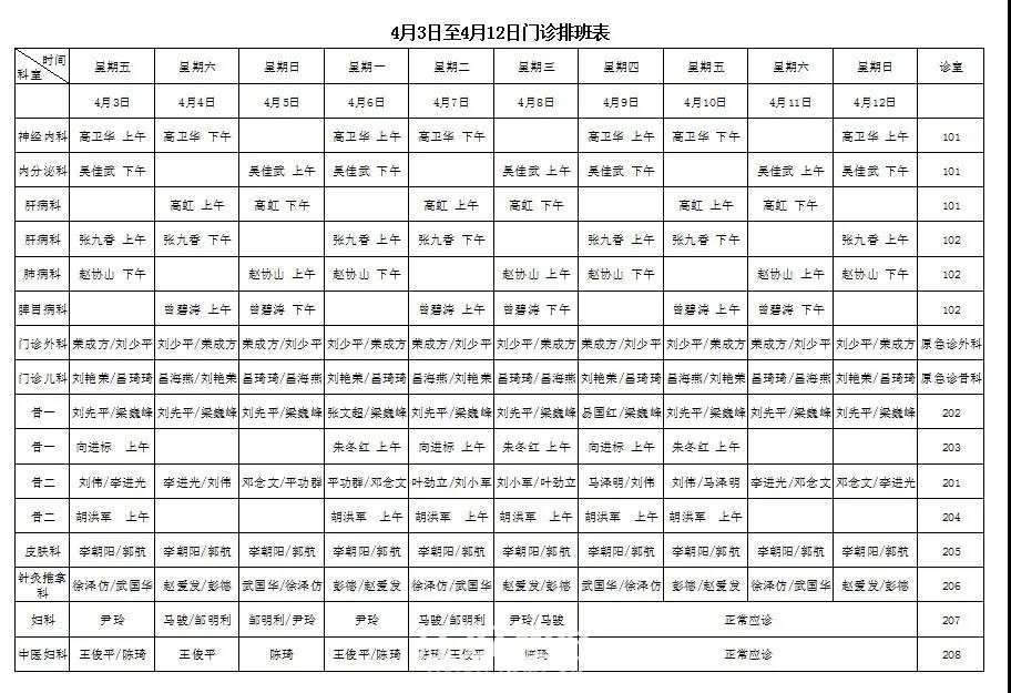 仙桃中医院4月3日-12日 门诊就诊时间,开放诊室,排班表